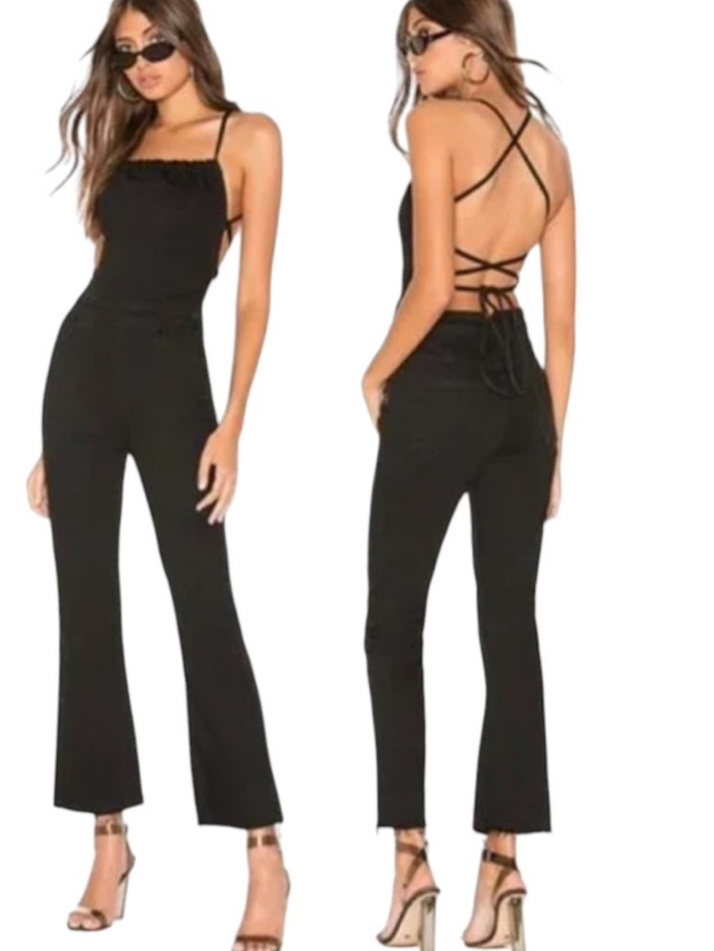 Mother Tie Back Hustler Ankle Fray Jumpsuit in Black Not Guilty Size 28